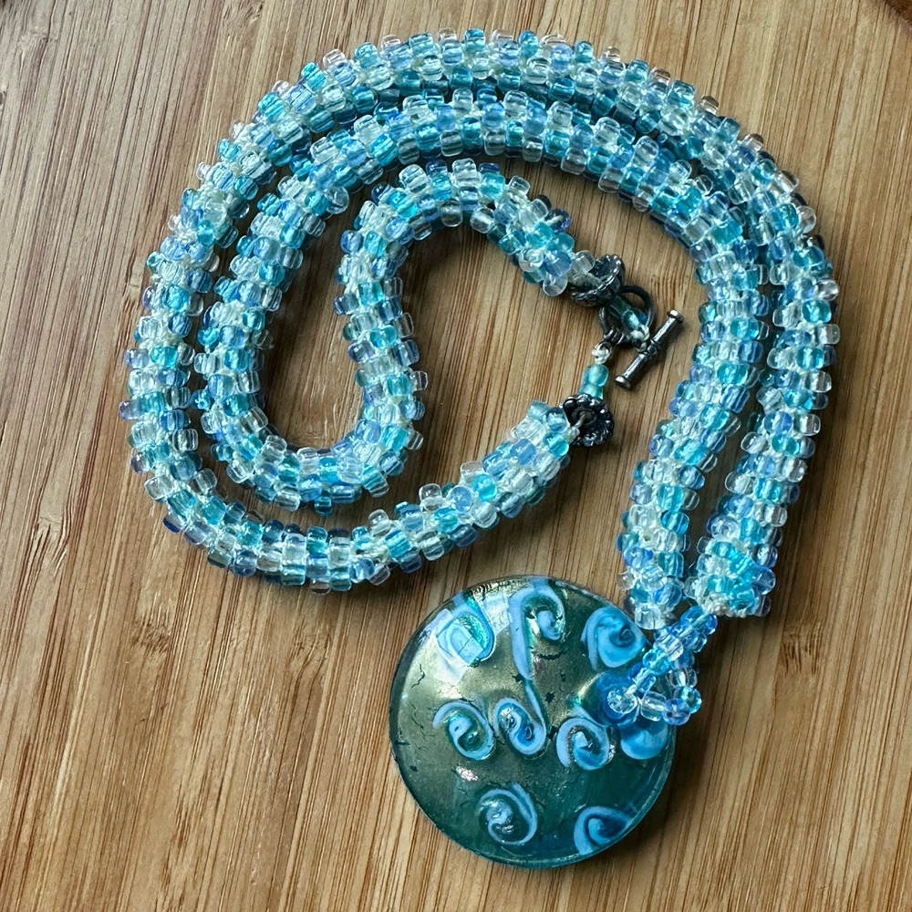 Artisan Art Glass Pendant Statement Necklace 30 Inch Light Blue Seed Bead Toggle